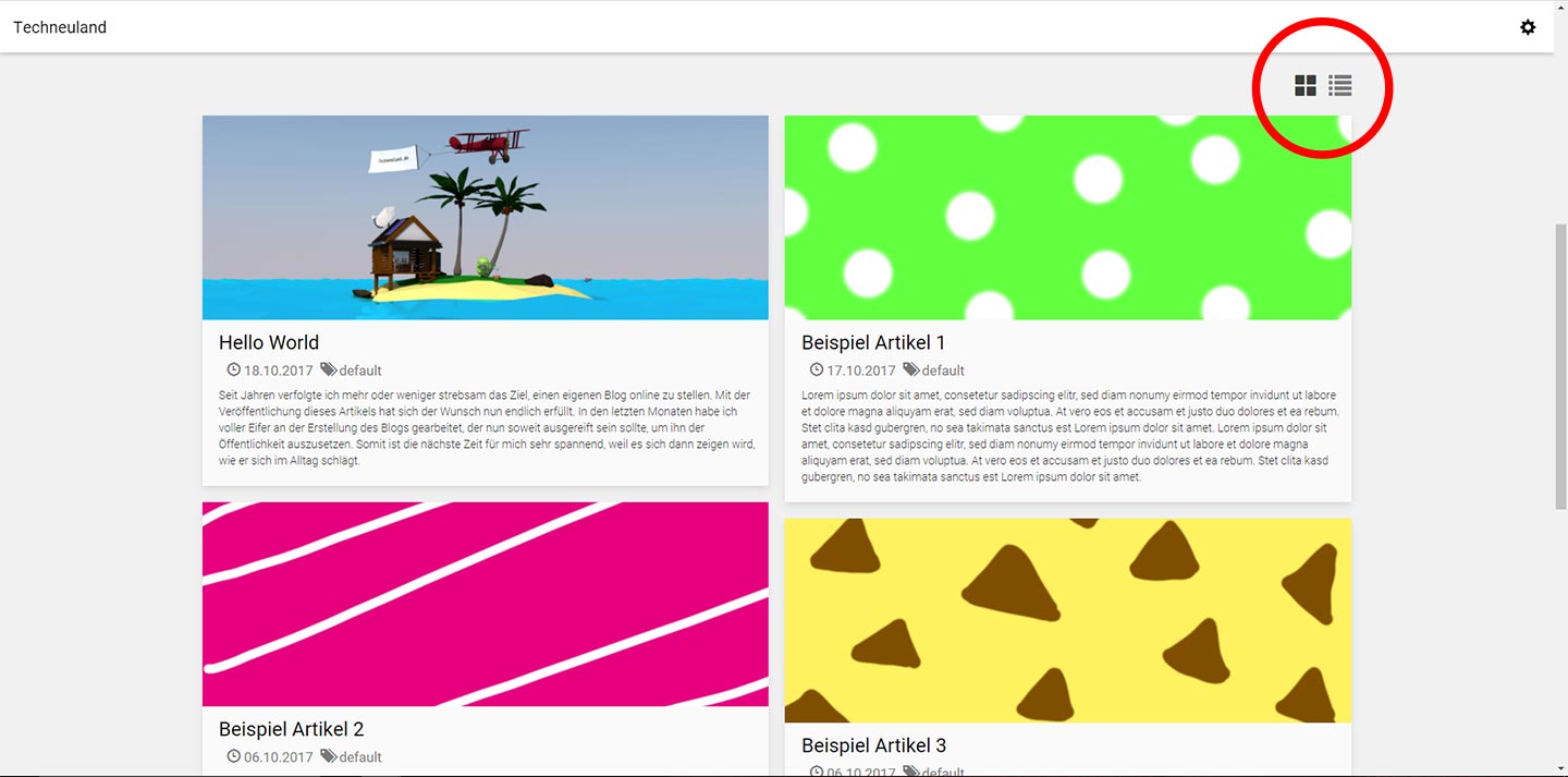 Auf den Übersichtseiten kann man bei ausreichend breiten Displays zwischen einem Grid- und einem Listlayout wechseln.